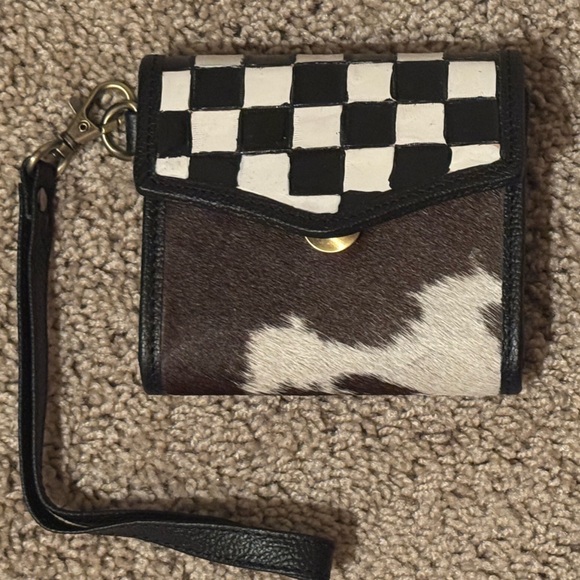 Handbags - Cowhide & Checker Small Wristlet Wallet - Brown & White